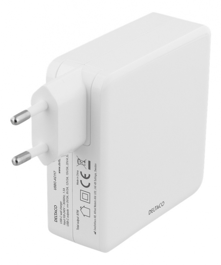 DELTACO 87 W USB-C-strømadapter, hurtiglading, USB-C PD, hvit