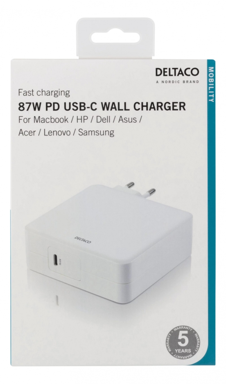 DELTACO 87 W USB-C-strømadapter, hurtiglading, USB-C PD, hvit