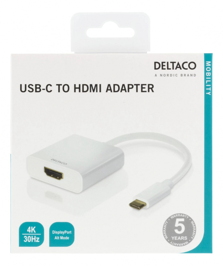 DELTACO USB-C til HDMI-adapter, 4096x2160 30 Hz, hvit DELTACO USB-C til HDMI-adapter, 4096x2160 30 Hz, hvit