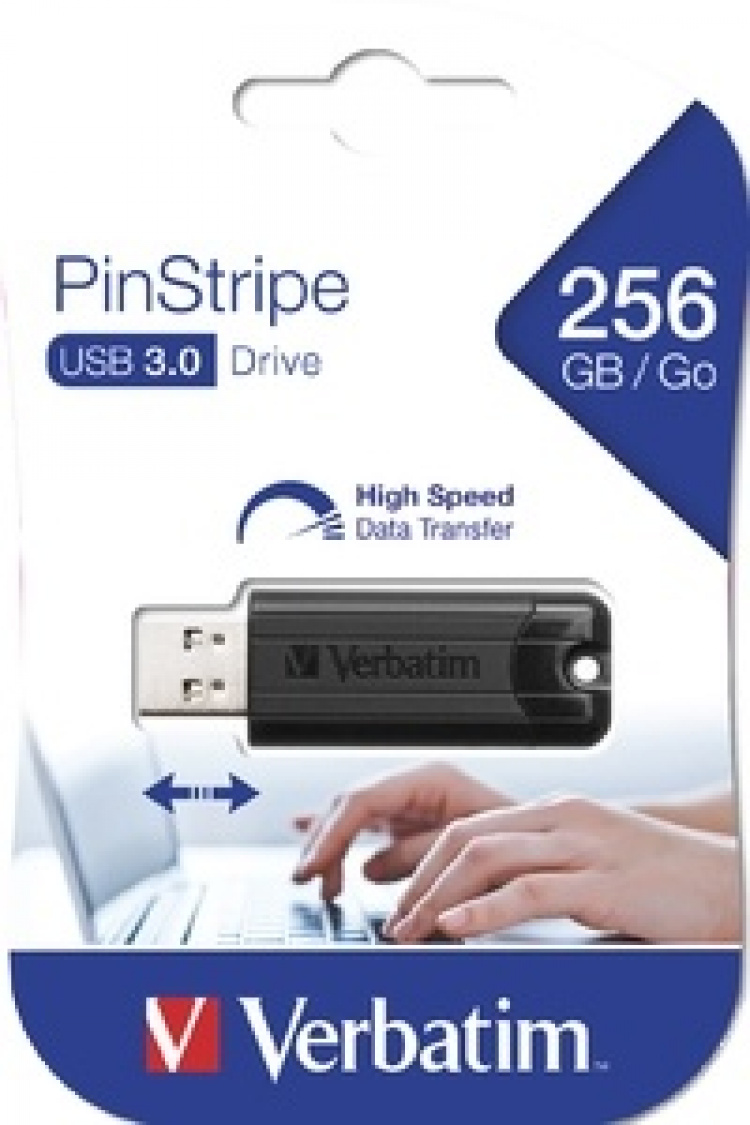 Verbatim PinStripe 256 GB USB-minnepinne, USB 3.0, trykk- og trekkfunksjon,