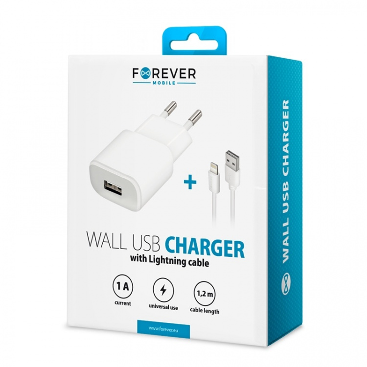 Forever vegglader + iPhone-ladekabel, USB-port, 1A, hvit