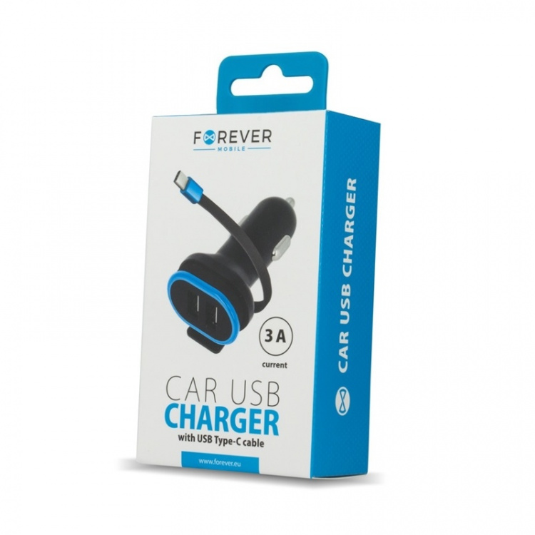 Forever Dobbel USB-billader CC-02 3A med USB type C-kabel Forever Dobbel USB-billader CC-02 3A med USB type C-kabel