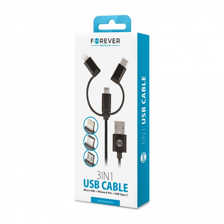 Forever 3in1 nylon microUSB + Lightning + USB type-C Svart Forever 3in1 nylon microUSB + Lightning + USB type-C Svart