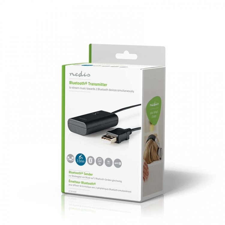Nedis Bluetooth®-sender | Koblingsinngang: 1x 3.5 mm | AptX ™ Low latency / AptX™ / SBC | Opp til 2 enheter | Sort