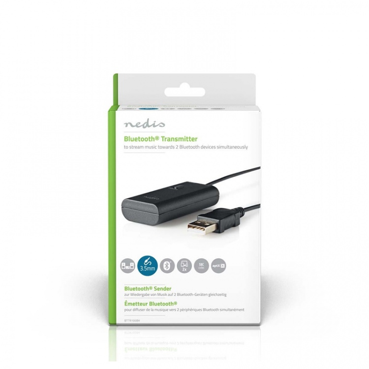 Nedis Bluetooth®-sender | Koblingsinngang: 1x 3.5 mm | AptX ™ Low latency / AptX™ / SBC | Opp til 2 enheter | Sort