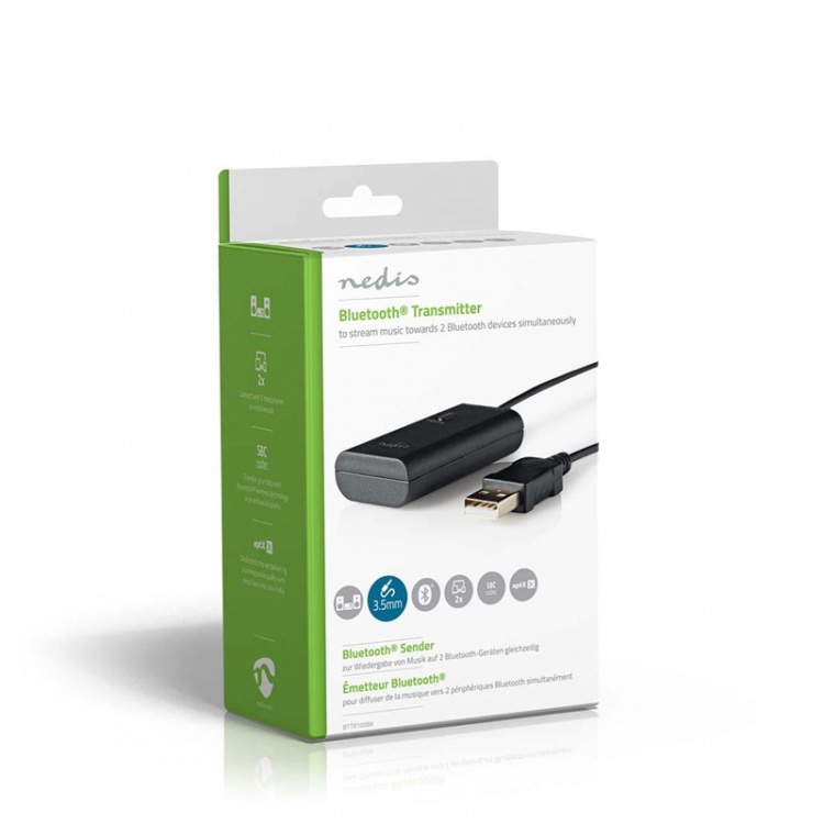 Nedis Bluetooth®-sender | Koblingsinngang: 1x 3.5 mm | AptX ™ Low latency / AptX™ / SBC | Opp til 2 enheter | Sort
