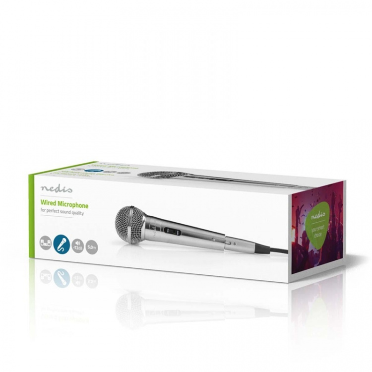 Nedis Wired mikrofon | Kardioid | Avtakbar kabel | 5.00 m | 80 Hz - 13 kHz | 600 Ohm | -72 dB | Av/på-bryter | Metall | Sølv