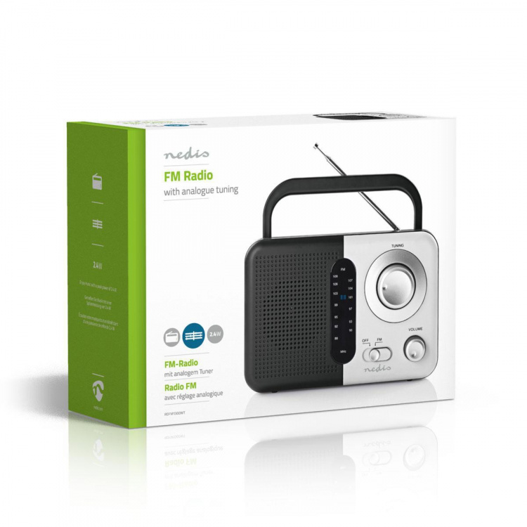 Nedis FM-radio | Bærbar design | FM | Batteri drevet / Nettstrøm drevet | Analog | 2.4 W | Svart hvit skerm | Hodetelefonutgang | Bære håndtak | Hvit / Sort