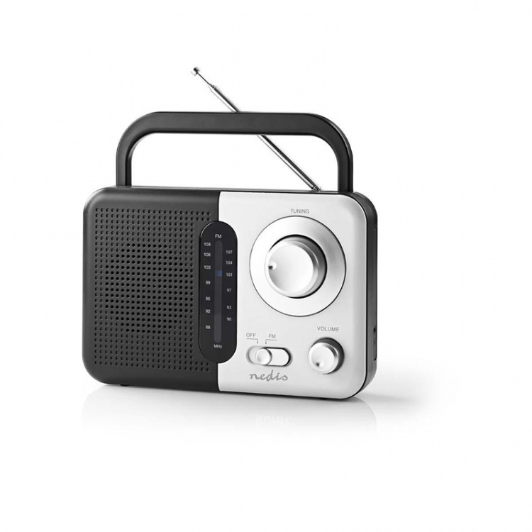 Nedis FM-radio | Bærbar design | FM | Batteri drevet / Nettstrøm drevet | Analog | 2.4 W | Svart hvit skerm | Hodetelefonutgang | Bære håndtak | Hvit / Sort