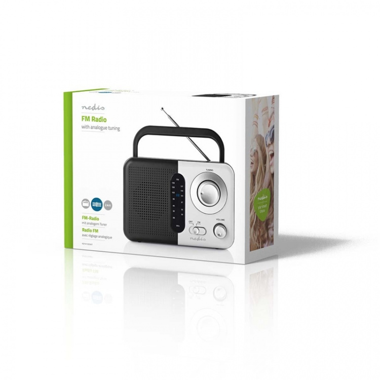 Nedis FM-radio | Bærbar design | FM | Batteri drevet / Nettstrøm drevet | Analog | 2.4 W | Svart hvit skerm | Hodetelefonutgang | Bære håndtak | Hvit / Sort