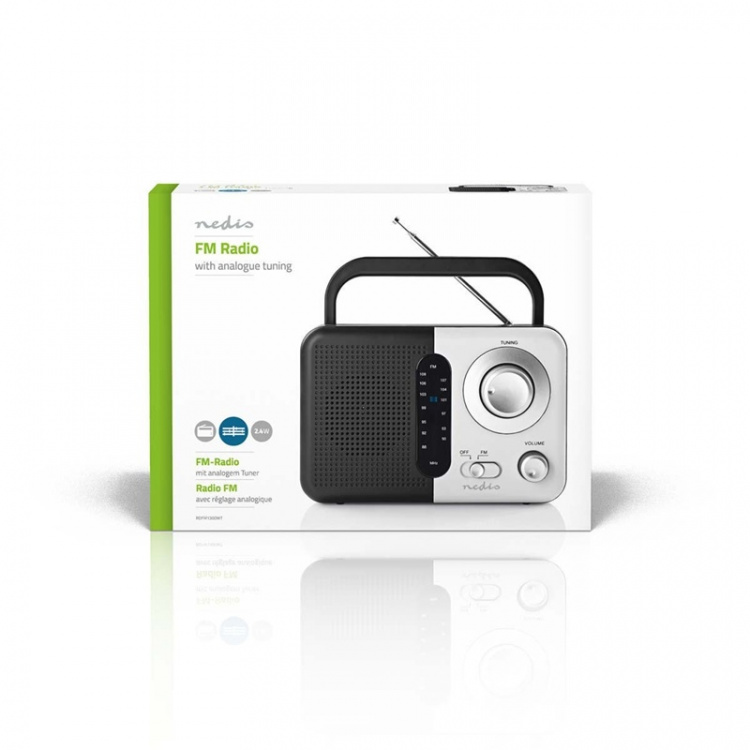 Nedis FM-radio | Bærbar design | FM | Batteri drevet / Nettstrøm drevet | Analog | 2.4 W | Svart hvit skerm | Hodetelefonutgang | Bære håndtak | Hvit / Sort
