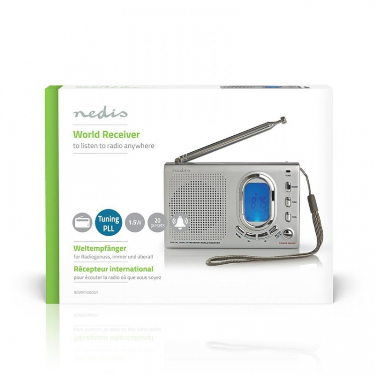 Nedis World Radio | Bærbar design | AM / FM / SW | Batteri drevet / Nettstrøm drevet | Digitalt | 1.5 W | Hodetelefonutgang | Vekkeklokke | Sleep timer | Grå Nedis World Radio | Bærbar design | AM / FM / SW | Batteri drevet / Nettstrøm drevet | Digitalt | 1.5 W | Hodetelefonutgang | Vekkeklokke | Sleep timer | Grå