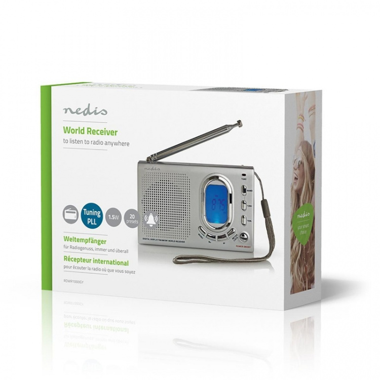 Nedis World Radio | Bærbar design | AM / FM / SW | Batteri drevet / Nettstrøm drevet | Digitalt | 1.5 W | Hodetelefonutgang | Vekkeklokke | Sleep timer | Grå Nedis World Radio | Bærbar design | AM / FM / SW | Batteri drevet / Nettstrøm drevet | Digitalt | 1.5 W | Hodetelefonutgang | Vekkeklokke | Sleep timer | Grå