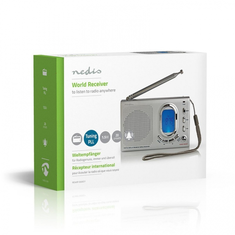 Nedis World Radio | Bærbar design | AM / FM / SW | Batteri drevet / Nettstrøm drevet | Digitalt | 1.5 W | Hodetelefonutgang | Vekkeklokke | Sleep timer | Grå Nedis World Radio | Bærbar design | AM / FM / SW | Batteri drevet / Nettstrøm drevet | Digitalt | 1.5 W | Hodetelefonutgang | Vekkeklokke | Sleep timer | Grå
