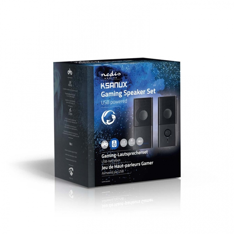 Nedis Gaming Speaker | Høyttalerkanaler: 2.0 | USB-Strøm | 3.5 mm Han | 18 W | Uten Lighting | Volumkontroll | Utgang for lyd-/video-/datatilkoblinger: 1x 3.5 mm Audio Out