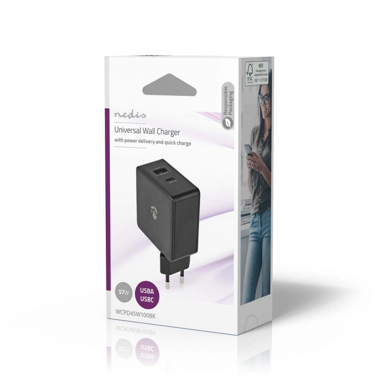 Nedis vegg lader | 57 W | PD3.0 45W | Hurtigladefunksjon | 2.25 A / 2.4 / 3.0 A | Antall utganger: 2 | USB-A / USB-C™ | Ingen Kabel Inkludert | Automatisk Spenning Utvalg | Sort