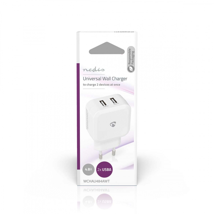 Nedis vegg lader | 24 W | Hurtigladefunksjon | 2x 2.4 A A | Antall utganger: 2 | 2x USB-A | Ingen Kabel Inkludert | Single Voltage Output | Hvit