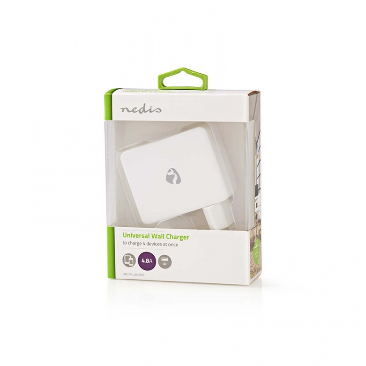 Nedis vegg lader | 24 W | Hurtigladefunksjon | 4x 2.4 A | Antall utganger: 4 | 4x USB-A | Ingen Kabel Inkludert | Single Voltage Output | Hvit