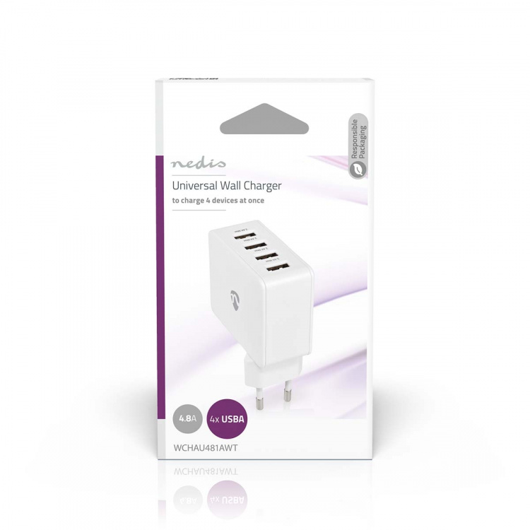 Nedis vegg lader | 24 W | Hurtigladefunksjon | 4x 2.4 A | Antall utganger: 4 | 4x USB-A | Ingen Kabel Inkludert | Single Voltage Output | Hvit