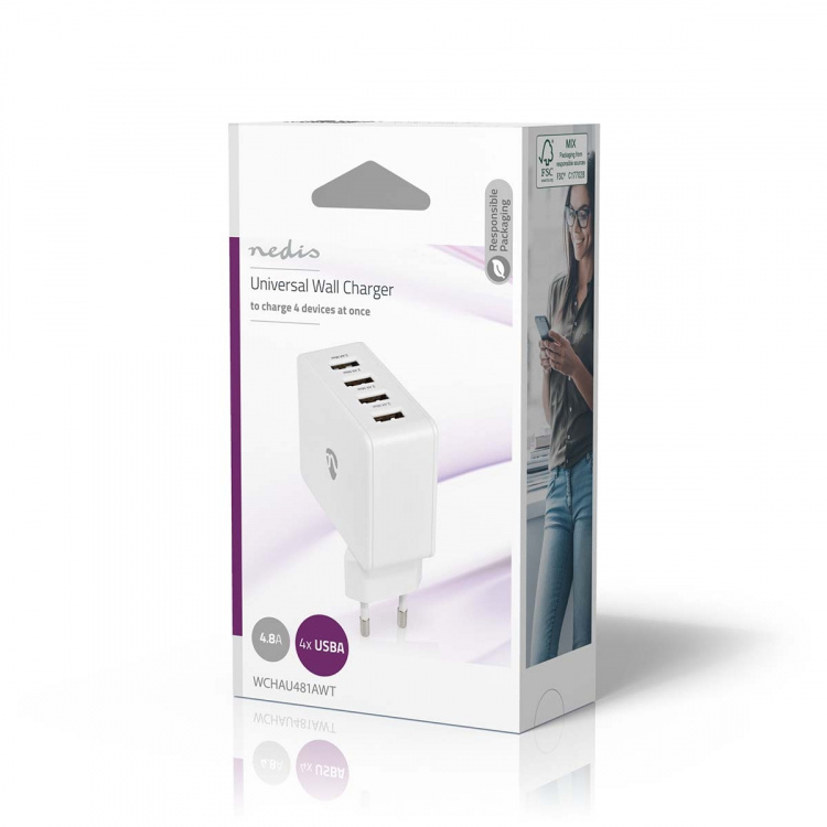 Nedis vegg lader | 24 W | Hurtigladefunksjon | 4x 2.4 A | Antall utganger: 4 | 4x USB-A | Ingen Kabel Inkludert | Single Voltage Output | Hvit