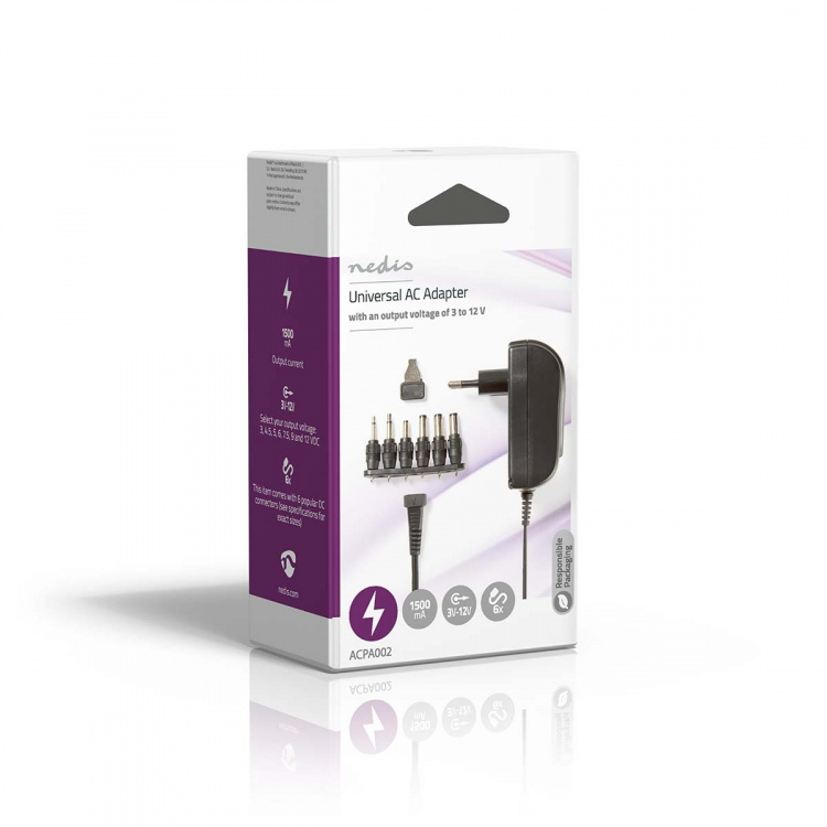 Nedis Universal AC strømadapter | 18 W | 3 - 12 V DC | 1.80 m | 1.5 / 2.1 A | 6 plug(s) | Sort Nedis Universal AC strømadapter | 18 W | 3 - 12 V DC | 1.80 m | 1.5 / 2.1 A | 6 plug(s) | Sort