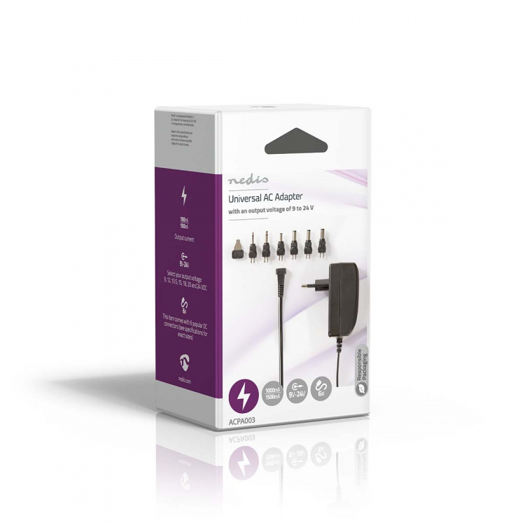 Nedis Universal AC strømadapter | 24 W | 9 - 24 V DC | 1.80 m | 1.0 A - 1.5 A A | 6 plug(s) | Sort Nedis Universal AC strømadapter | 24 W | 9 - 24 V DC | 1.80 m | 1.0 A - 1.5 A A | 6 plug(s) | Sort