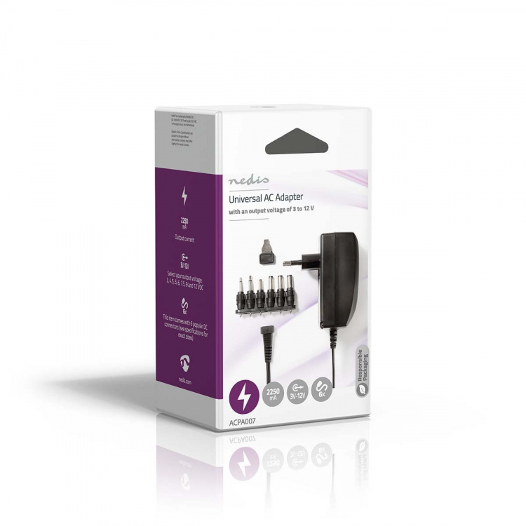 Nedis Universal AC strømadapter | 27 W | 3 - 12 V DC | 1.80 m | 2.25 A A | 6 plug(s) | Sort Nedis Universal AC strømadapter | 27 W | 3 - 12 V DC | 1.80 m | 2.25 A A | 6 plug(s) | Sort