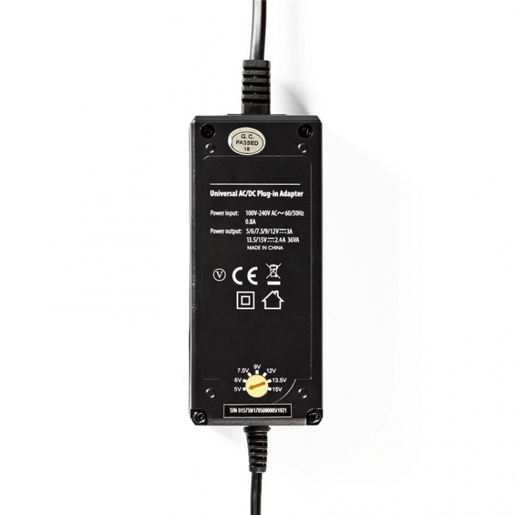 Nedis Universal AC strømadapter | 36 W | 5 - 15 V DC | 3.60 m | 2.4 A - 3.0 A A | 6 plug(s) | Sort