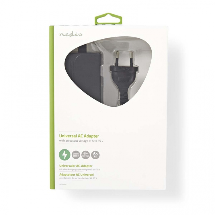 Nedis Universal AC strømadapter | 36 W | 5 - 15 V DC | 3.60 m | 2.4 A - 3.0 A A | 6 plug(s) | Sort