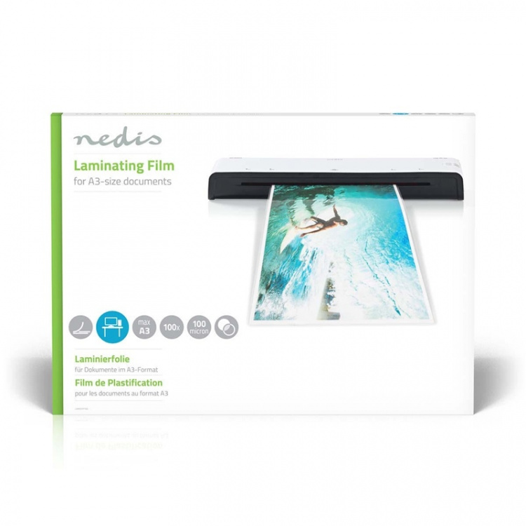 Nedis lamine~~POS=TRUNC Film | A3 | Tykkelse: 100 µm | Pakker per: 100 stk. | Plast | Gjennomsiktig Nedis lamine~~POS=TRUNC Film | A3 | Tykkelse: 100 µm | Pakker per: 100 stk. | Plast | Gjennomsiktig