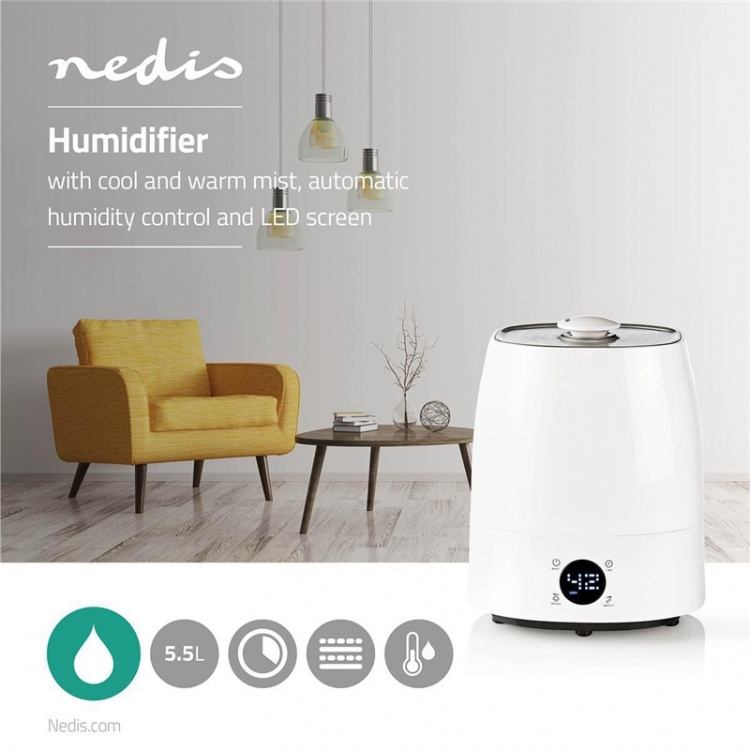 Nedis Luftfukter | 110 W | With Cool and Warm Mist | 5.5 l | Hygrometer | Timer | Egnet for plass opptil: 50 m² | Grå / Hvit Nedis Luftfukter | 110 W | With Cool and Warm Mist | 5.5 l | Hygrometer | Timer | Egnet for plass opptil: 50 m² | Grå / Hvit