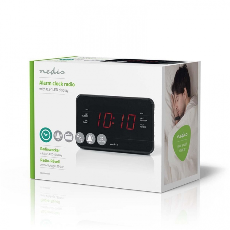 Nedis Digital Alarm Clock Radio | LED | 1x 3.5 mm Audio Input | Tidsframskriving | AM / FM | slumrefunksjon | Sleep timer | Antall alarmer: 2 | Sort Nedis Digital Alarm Clock Radio | LED | 1x 3.5 mm Audio Input | Tidsframskriving | AM / FM | slumrefunksjon | Sleep timer | Antall alarmer: 2 | Sort