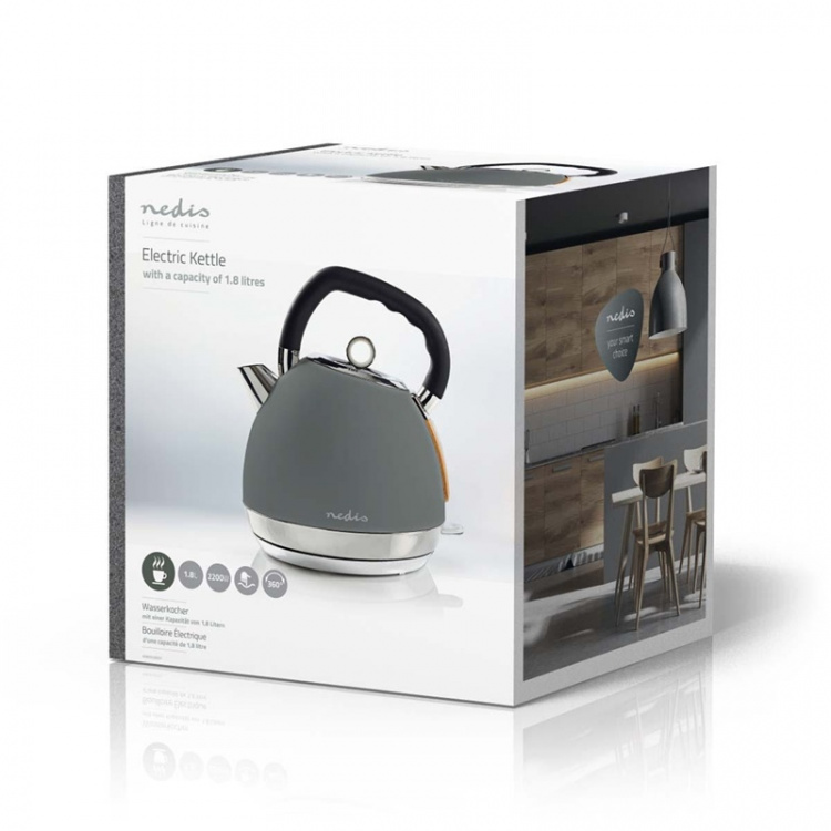 Nedis Vannkoker | 1.8 l | Soft-Touch | Grå | Roterbar 360 grader | Skjult varmeelement | Strix® kontroll | Koketørr beskyttelse Nedis Vannkoker | 1.8 l | Soft-Touch | Grå | Roterbar 360 grader | Skjult varmeelement | Strix® kontroll | Koketørr beskyttelse