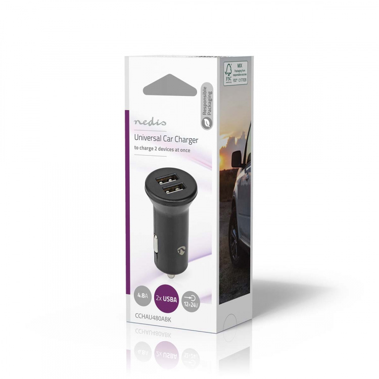 Nedis Billader | 24 W | 2x 2.4 A | Antall utganger: 2 | Porttype: 2x USB-A | | Single Voltage Output