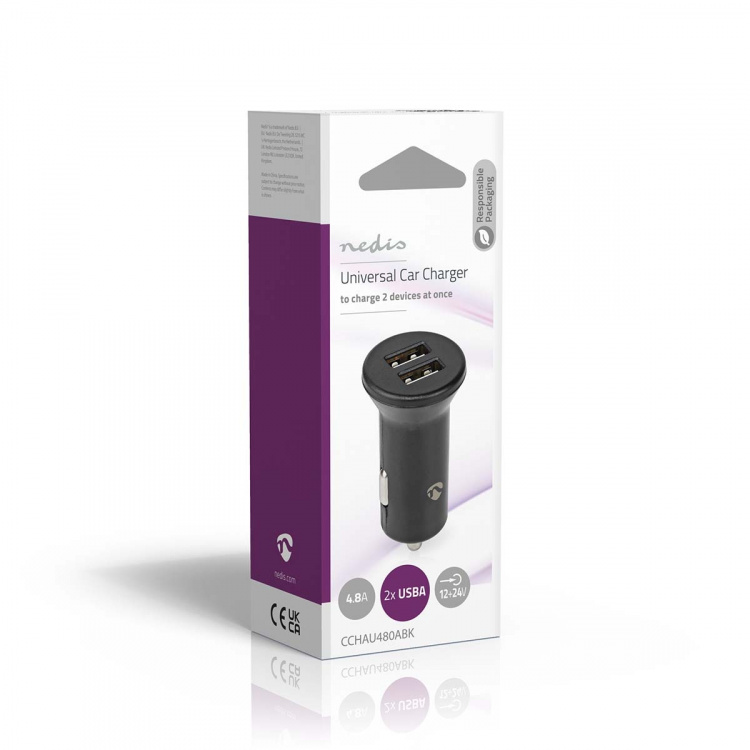 Nedis Billader | 24 W | 2x 2.4 A | Antall utganger: 2 | Porttype: 2x USB-A | | Single Voltage Output