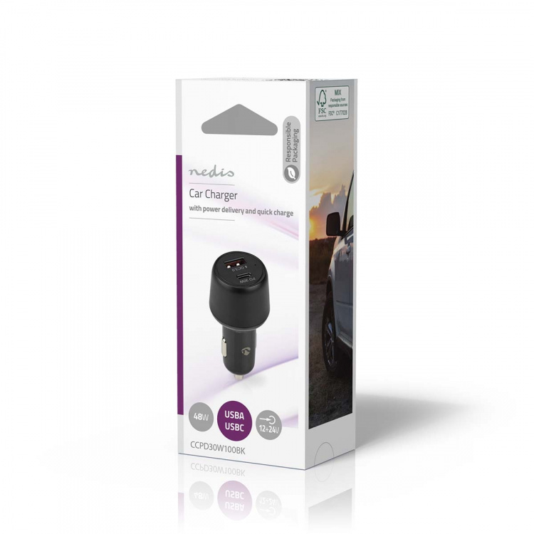 Nedis Billader | 48 W | 2x 3.0 A | Antall utganger: 2 | Porttype: USB-A / USB-C™ | | Automatisk Spenning Utvalg