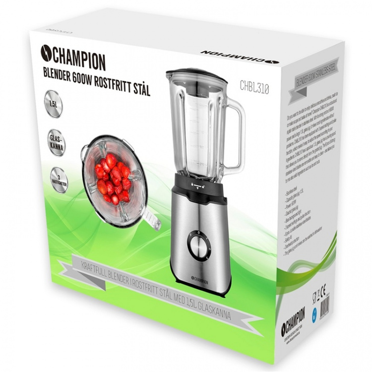 Champion Blender 1,5L 600W Glaskanne BL310 Rustfritt stål