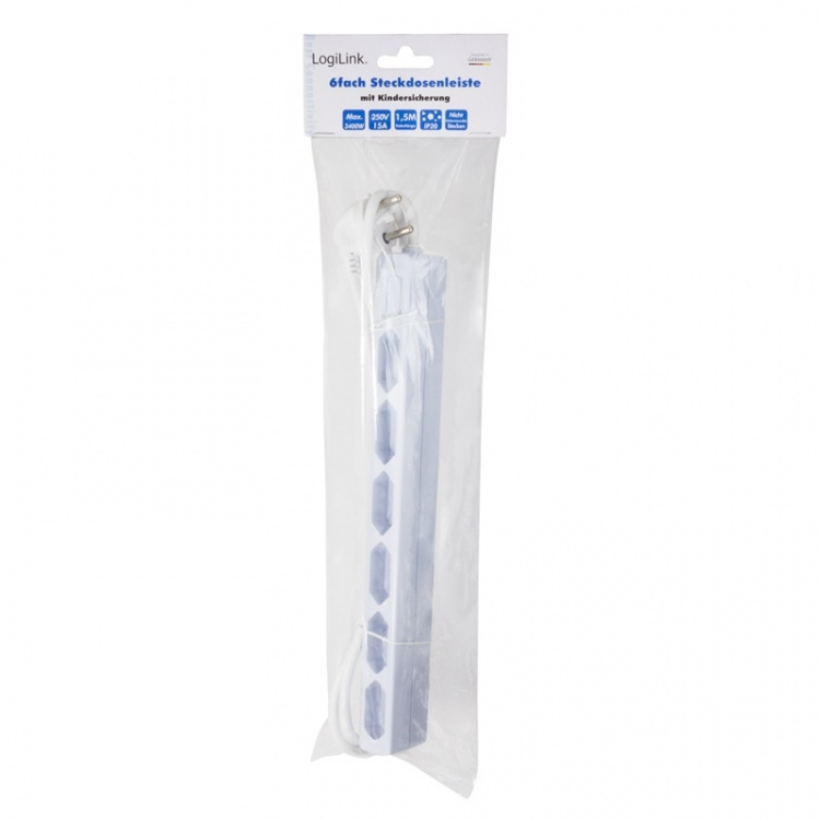 LogiLink Slank 6-veis Euro-stikkontakt 1,5m hvit