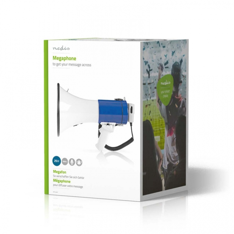 Nedis megafon | Maksimal rekkevidde: 1500 m | Maksimal volumkontroll: 120 dB | Avtagbar Mikrofon | Innebygd sirene | Skulderstropp | Blå / Hvit