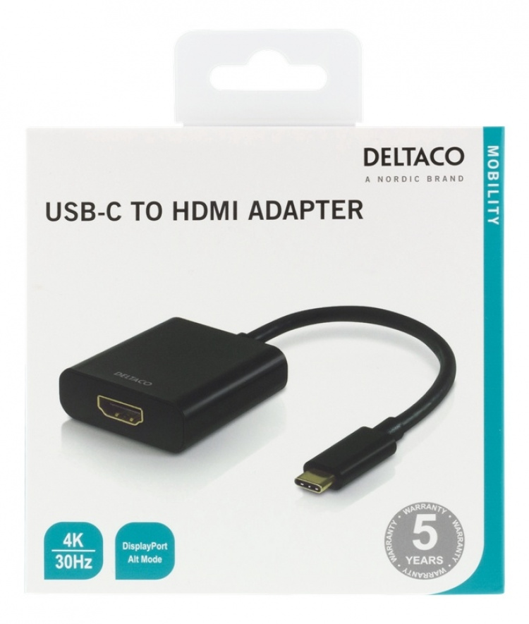 DELTACO USB-C til HDMI-adapter, 4096x2160 30 Hz, svart