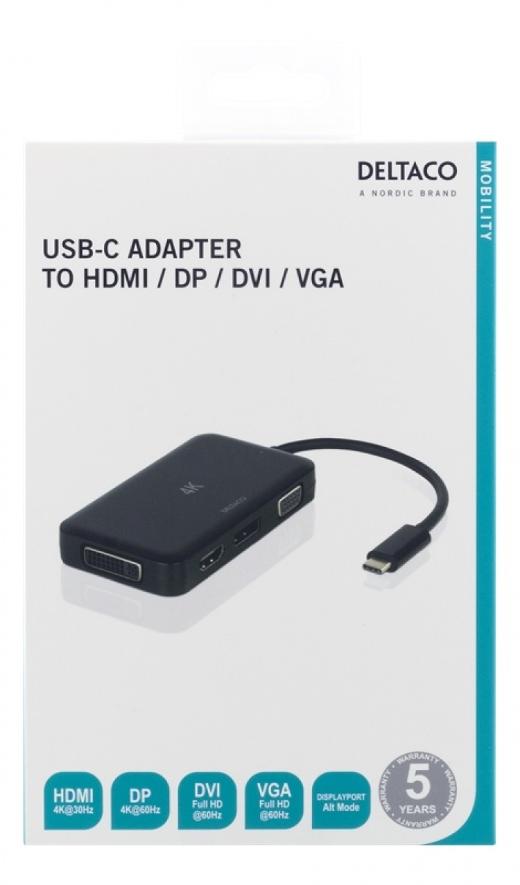 DELTACO USB-C til HDMI/DP/DVI/VGA-adapter, 4K, DP Alt-modus, svart