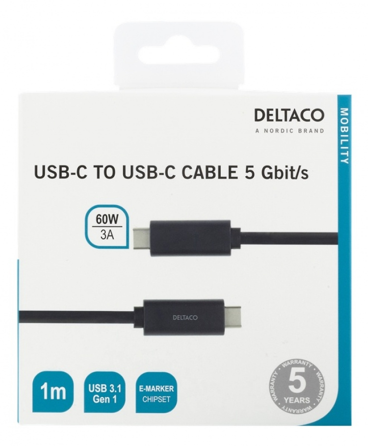 DELTACO USB-C til USB-C-kabel, 1 m, 60 W 3A, USB 3.1 Gen 1, E-Marker, s