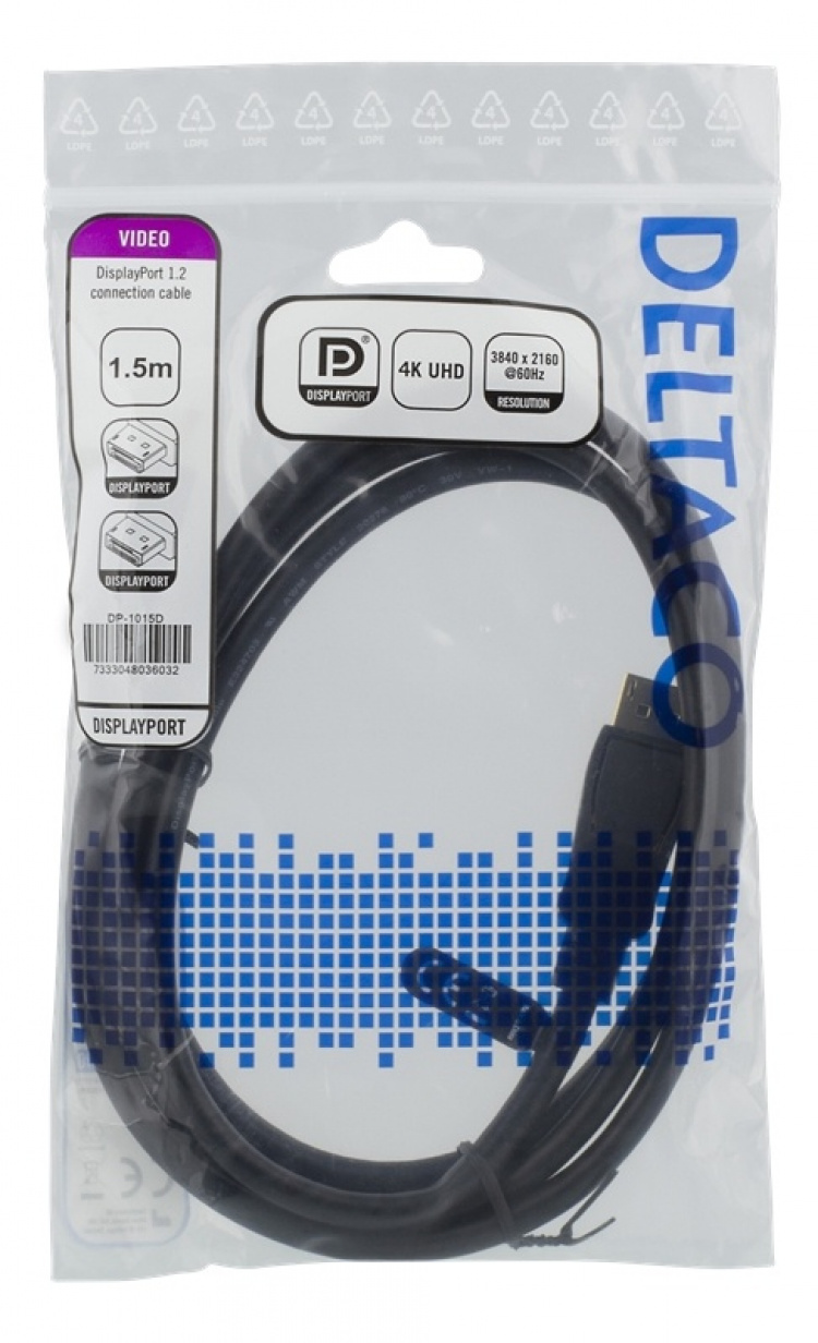 DELTACO DisplayPort-kabel, 1,5 m, 4K UHD, DP 1.2, svart DELTACO DisplayPort-kabel, 1,5 m, 4K UHD, DP 1.2, svart