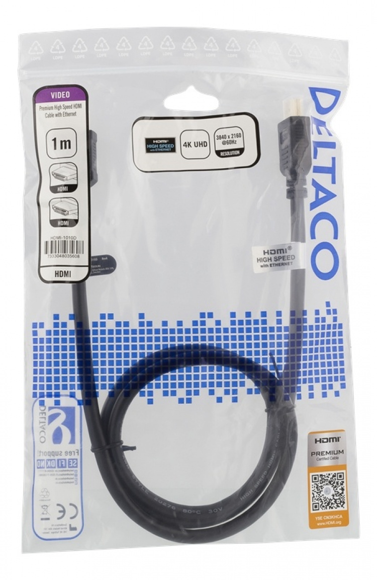 DELTACO Høyhastighets Premium HDMI-kabel, 1 m, Ethernet, 4K UHD, svart DELTACO Høyhastighets Premium HDMI-kabel, 1 m, Ethernet, 4K UHD, svart