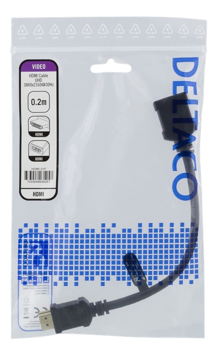 DELTACO Fleksibel HDMI-adapter, 0,2 m, HDMI M/F, UHD, svart DELTACO Fleksibel HDMI-adapter, 0,2 m, HDMI M/F, UHD, svart