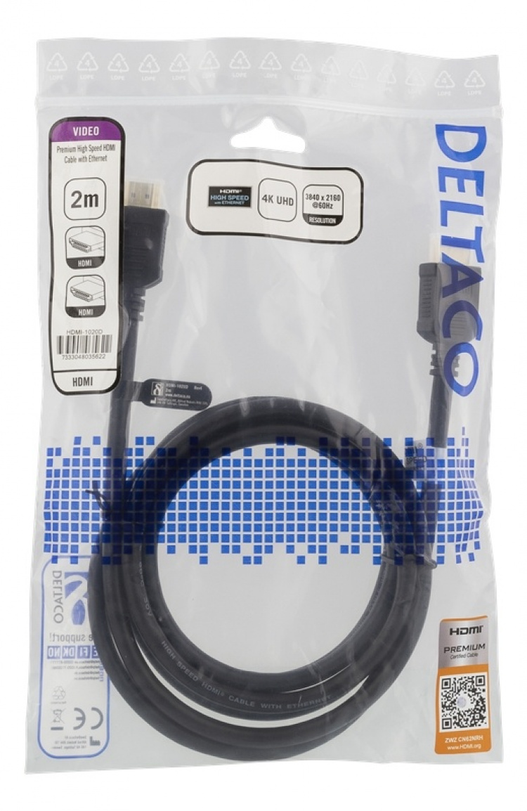 DELTACO Høyhastighets Premium HDMI-kabel, 2 m, Ethernet, 4K UHD, svart DELTACO Høyhastighets Premium HDMI-kabel, 2 m, Ethernet, 4K UHD, svart