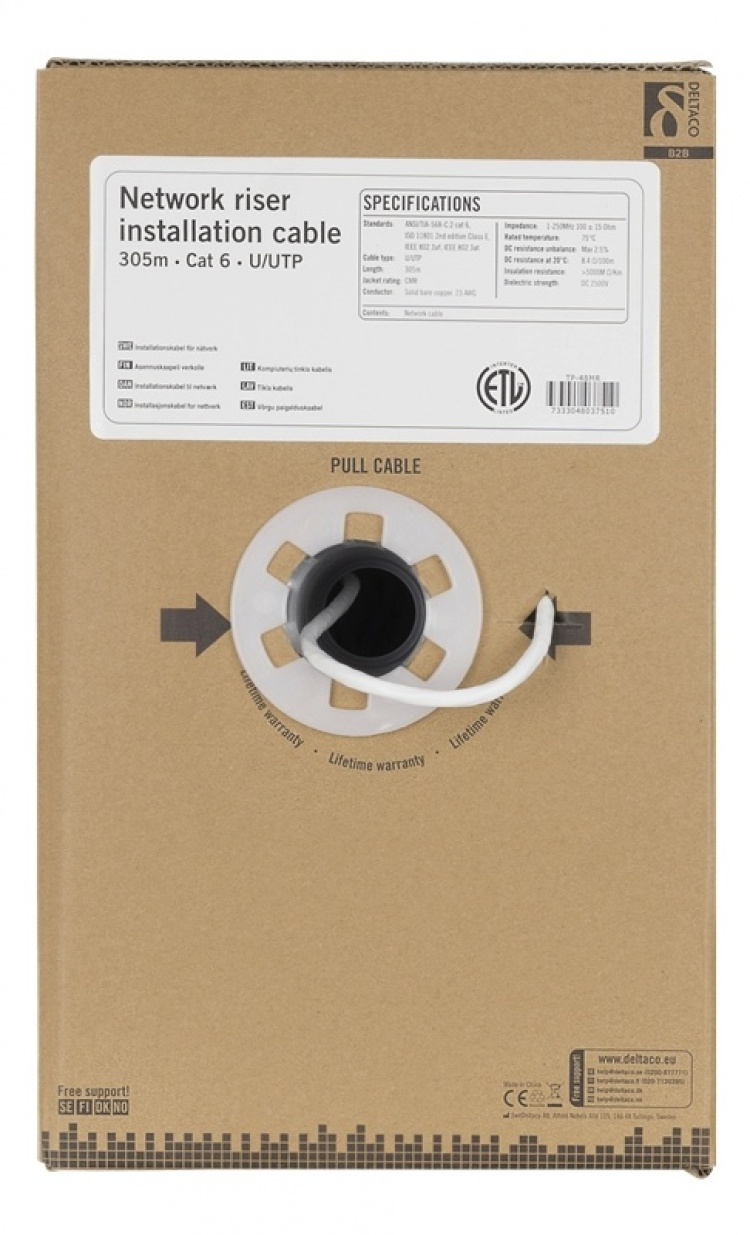 DELTACO U/UTP Cat6 stigerørsinstallasjonskabel, 305m boks, 250MHz, Delta-c DELTACO U/UTP Cat6 stigerørsinstallasjonskabel, 305m boks, 250MHz, Delta-c