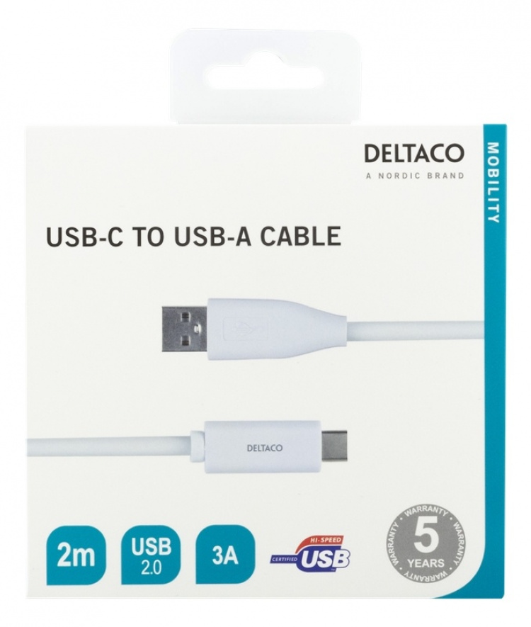 DELTACO USB-C til USB-A-kabel, 2 m, 3 A, USB 2.0, hvit