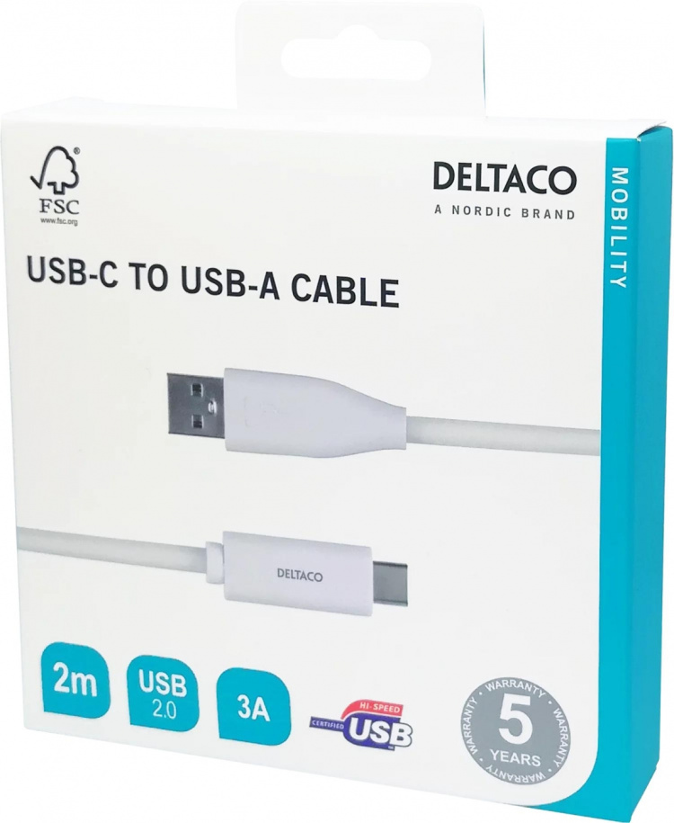 DELTACO USB-C til USB-A-kabel, 2 m, 3 A, USB 2.0, hvit