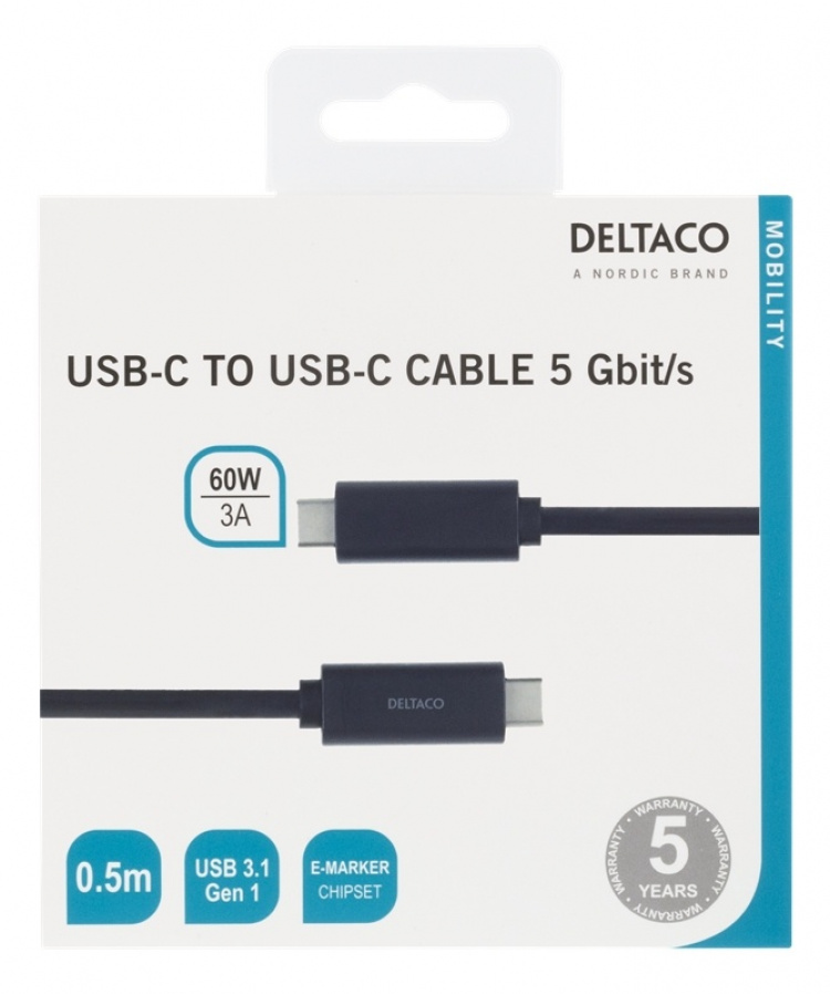 DELTACO USB-C cable, 0,5m, USB 3.1 Gen 1, black